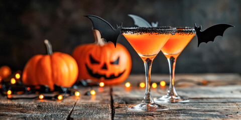 Pumpkin martinis with black salt rim and bat decorations on a rustic table, perfect for Halloween and autumn cocktail presentations.