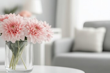 Elegant pink dahlias in a glass vase on a modern coffee table in a bright living room © ArtCookStudio