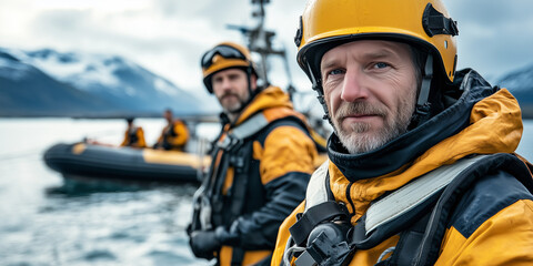 Seenotretter mit Team und Boot im Hintergrund