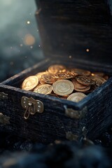 A wooden chest overflowing with gold coins rests amidst fallen leaves in a misty forest