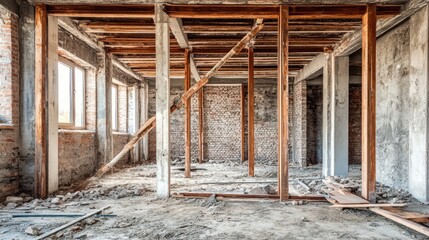 Obraz premium The interior of a building under renovation features exposed brick walls and wooden beams, creating a raw and industrial atmosphere while sunlight streams through the window openings