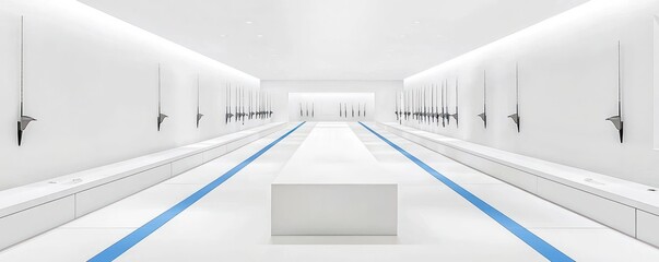 A minimalist fencing academy with stark white walls, blue piste lines, and simple, elegant seating for observers The design emphasizes the grace and precision of fencing without distractions