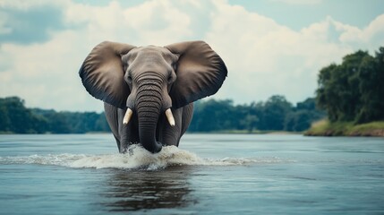 Fototapeta premium Majestic Elephant Gracefully Crossing a Sparkling River at Sunset with Beautiful Blue Sky and Lush Trees on the Riverbank