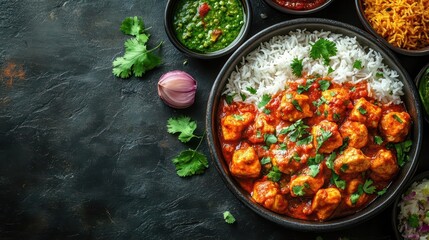 exquisite assortment of traditional indian food displayed on a dark rustic background including chicken tikka masala and saffron rice celebrating culinary diversity