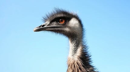A Detailed Close Up of an Emus Head and Neck Set Against a Vibrant Clear Blue Sky Background in Natural Light