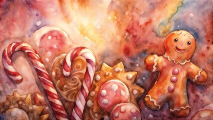 Colorful watercolor painting of gingerbread cookies and candy canes in festive arrangement