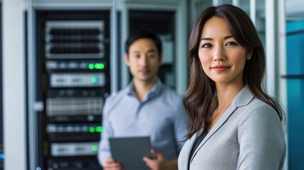 Two IT professionals engage in a collaborative effort in a contemporary data center, overseeing network servers and ensuring efficient operations during working hours