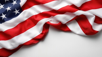 The American flag lies gracefully on a flat surface, the bright red and white stripes contrasting vividly with the blue field dotted with white stars, illuminated by soft natural light