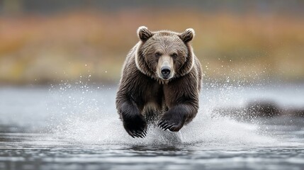 Obraz premium A large male grizzly bear fiercely charging through icy water in pursuit of a jumping salmon in the wilds of Alaska, USA.