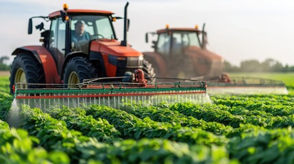 Fototapeta premium Two tractors are actively spraying water over vibrant green crops in a vast field under clear blue skies, highlighting agricultural activities in full swing