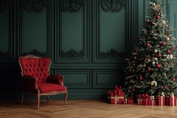 Christmas Tree and Red Chair in Elegant Green Room with Holiday Decor