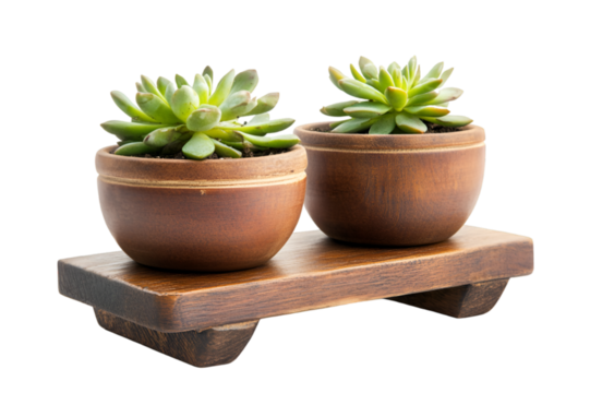 a couple of potted plants on a wooden stand.
