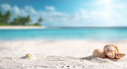 Calm beach with seashells on the sandy shore under a bright blue sky at midday