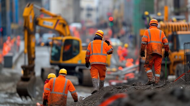 Several construction workers wearing bright safety gear are working on road repairs in a bustling city setting, while machinery operates in the background