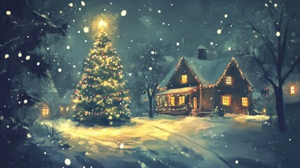 Fototapeta premium A cozy winter evening with a beautifully decorated Christmas tree outside a charming house under falling snowflakes