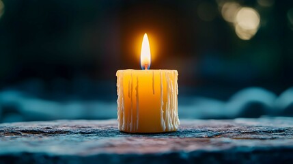 Single Burning Candle on Dark Background with Bokeh