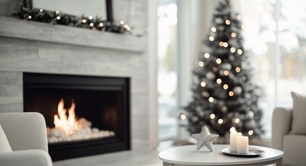 Cozy living room decorated for Christmas with a glowing fireplace, tree, and elegant furnishings