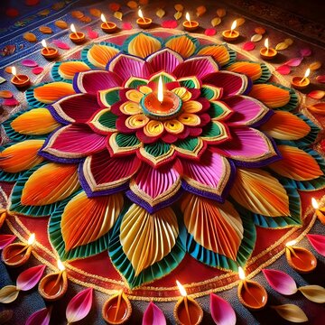 Decoraci&oacute;n festiva de Diwali con espelmas, flores y p&eacute;talos de flores. 