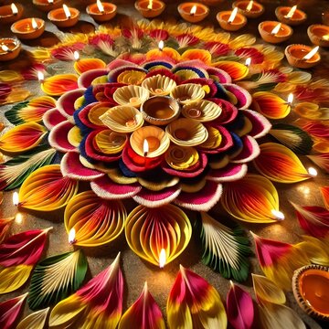 Decoraci&oacute;n festiva de Diwali con espelmas, flores y p&eacute;talos de flores. 