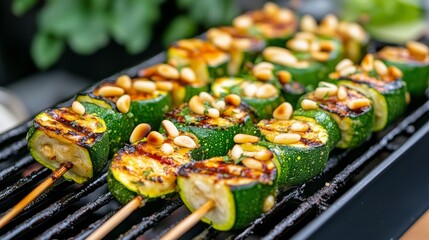 Grilled vegetable skewers with zucchini and pine nuts on a barbecue grill for summer cooking