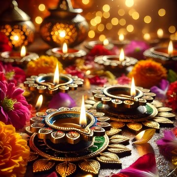Decoraci&oacute;n festiva de Diwali con espelmas, flores y p&eacute;talos de flores. 
