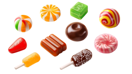 Different candies placed in a flat layout isolated on a transparent background, PNG 