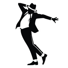a black and white silhouette of a man in a dance pose. He is wearing a suit and a hat, and his arms are stretched out to the sides 