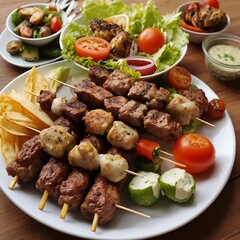 Delicious fresh Kebab assortment Served with some salad, grilled chicken skewers with a side of grilled vegetables, grilled kebab with couscous and vegetables