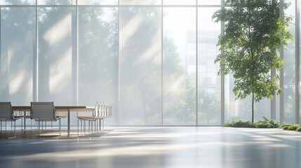Fototapeta premium A vacant meeting room lies within the confines of a modern office space, its sleek furnishings and expansive windows bathed in soft, natural light. The air hangs still