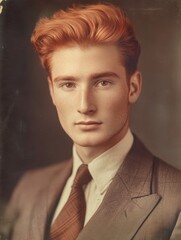 A formal portrait of a man with ginger hair, dressed in a vintage suit and tie, exuding a classic elegance and timeless style.