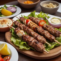 Delicious fresh Kebab assortment Served with some salad, grilled chicken skewers with a side of grilled vegetables, grilled kebab with couscous and vegetables