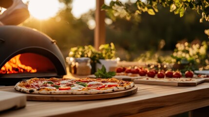 Multiple pizzas freshly prepared with vibrant toppings, set beside a wood-fired oven in an outdoor setting, bathed in warm sunlight.