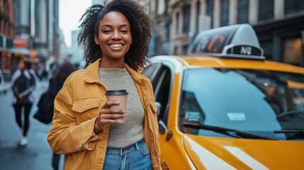 Smiling woman holding coffee cup, standing in front of yellow taxi on city street, urban lifestyle...