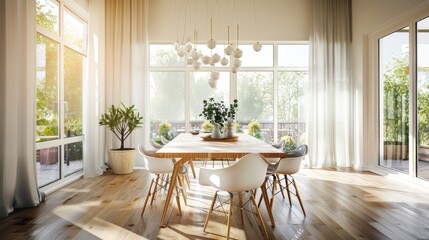 Fototapeta premium A well-decorated dining room with large windows letting in abundant natural light, adorned with plants and a spacious wooden table, creating an inviting atmosphere.