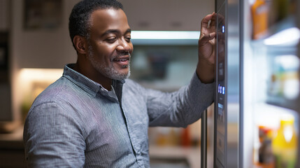 Man smiling, using refrigerator touchscreen, modern kitchen, illuminated fridge interior, domestic lifestyle concept