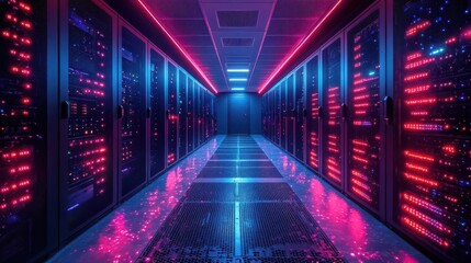 Fototapeta premium hightech server room filled with intricate network cables switches and fiber optic equipment presenting a panoramic view of the heart of modern connectivity and data management