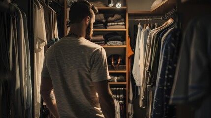 Obraz premium A man stands in a walk-in closet, thoughtfully selecting an outfit from the neatly arranged clothing, bathed in warm light.
