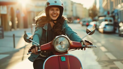 A woman joyfully rides a red scooter through a lively sunlit street, capturing a moment of freedom and happiness.