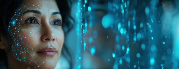 A futuristic concept of aLatin senior woman, blending AI technology with human beauty.