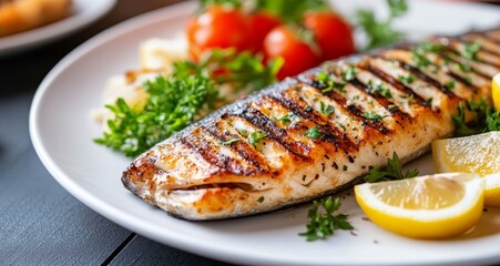 Grilled fish garnished with fresh herbs and lemon slices on a white plate at a dining table