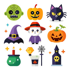 Flat halloween element collection on white background AI generated