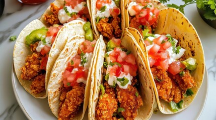 Vibrant tacos with crispy fried chicken, topped with fresh pico de gallo and sour cream, served on soft tortillas.