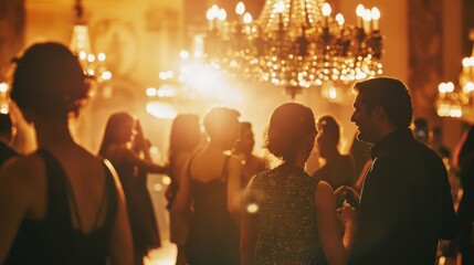 A lively ballroom filled with elegantly dressed people dancing under grand chandeliers as golden light bathes the room.
