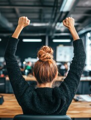 A joyful person with raised arms, celebrating success in a modern office setting; their happiness is palpable, infusing the atmosphere with positivity.