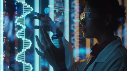 A scientist interacts with a digital holographic representation of DNA strands, showcasing advanced genetic study techniques.