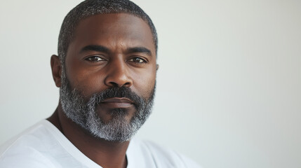 Obraz premium Confident mature man with gray beard, white shirt, direct gaze, against plain background, portrait concept