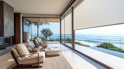 Automated window coverings enhance modern interiors, providing convenience and comfort:

* Motorized blinds offer effortless control, while large solar shades block the sun