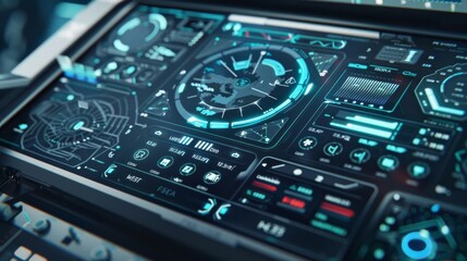 A highly detailed, futuristic digital interface displays various complex charts, graphs, and data visualizations in neon blue hues.