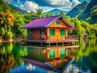 Fototapeta premium Serene Floating House Surrounded by Tranquil Water and Lush Greenery in a Picturesque Landscape