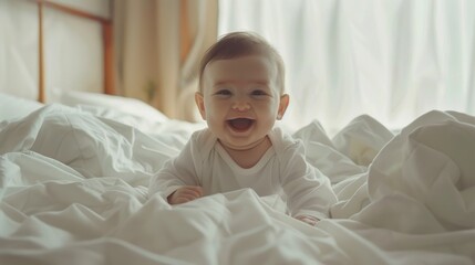 A smiling baby in cozy white bedding is bathed in soft morning light, capturing a moment of pure joy and innocence.